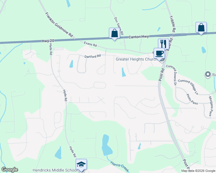 map of restaurants, bars, coffee shops, grocery stores, and more near 4920 Dawson Court in Cumming