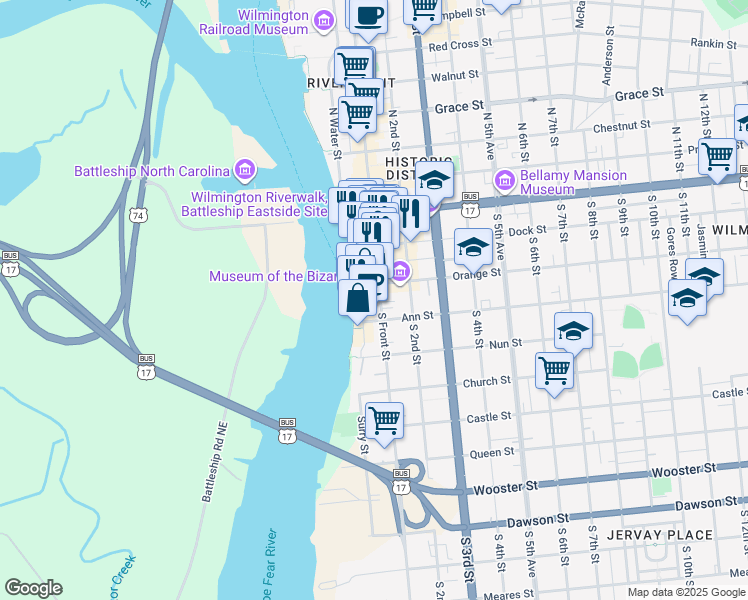 map of restaurants, bars, coffee shops, grocery stores, and more near 129 South Water Street in Wilmington