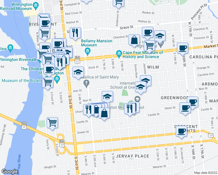 map of restaurants, bars, coffee shops, grocery stores, and more near 705 Ann Street in Wilmington