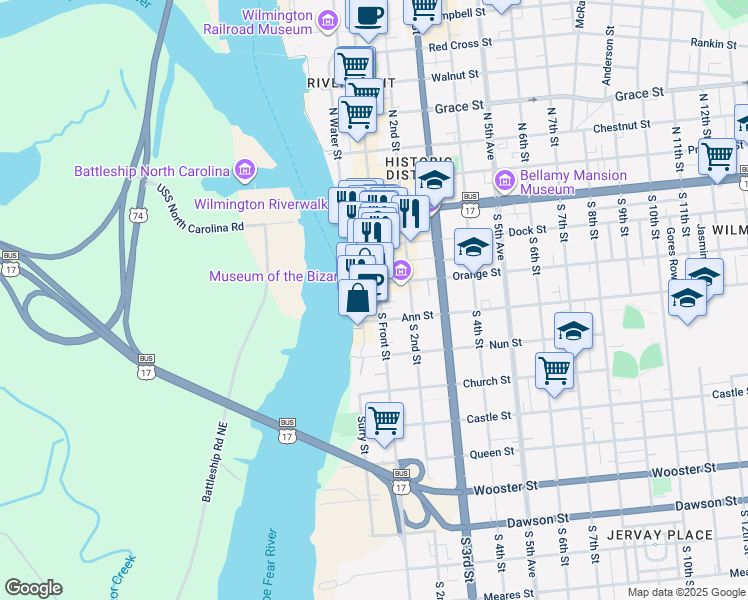 map of restaurants, bars, coffee shops, grocery stores, and more near 212 South Front Street in Wilmington