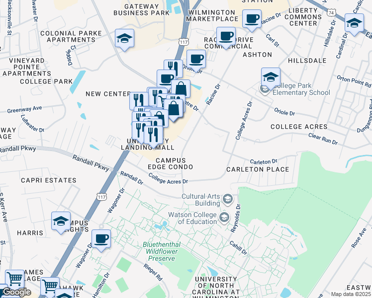 map of restaurants, bars, coffee shops, grocery stores, and more near 456 Racine Drive in Wilmington