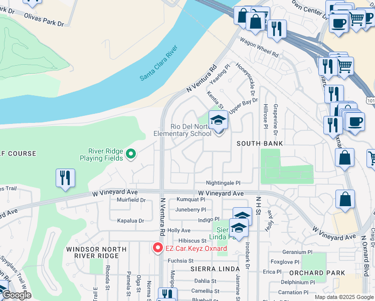 map of restaurants, bars, coffee shops, grocery stores, and more near 2420 Redwing Lane in Oxnard
