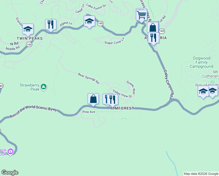 map of restaurants, bars, coffee shops, grocery stores, and more near 1139 Bear Spring Road in Rimforest