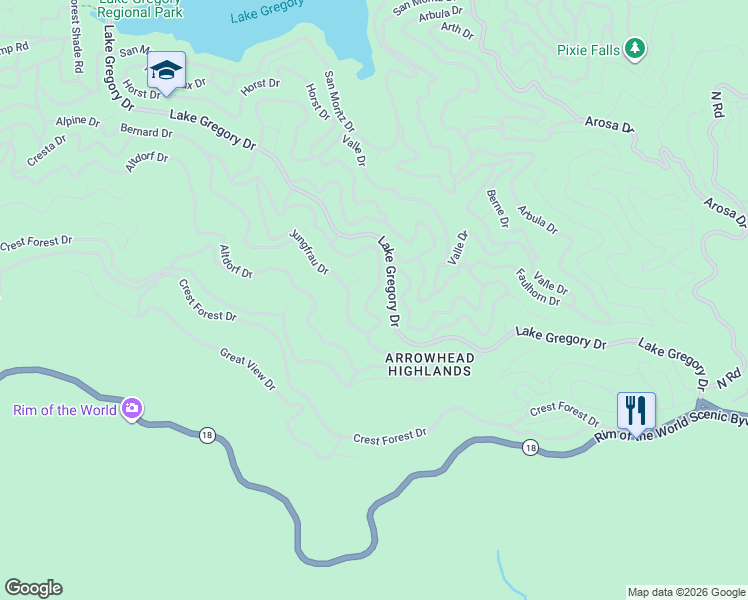 map of restaurants, bars, coffee shops, grocery stores, and more near 1119 Lugano Court in Crestline