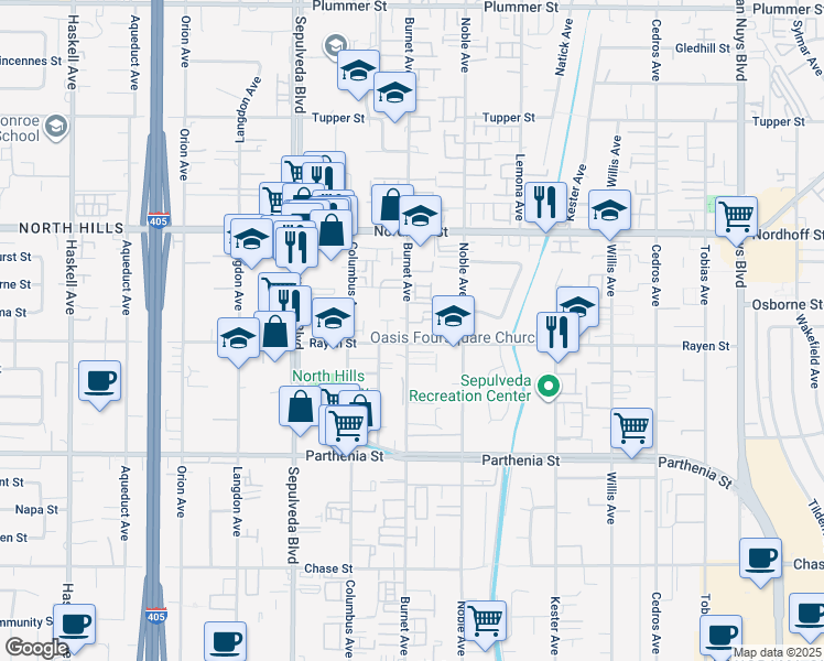 map of restaurants, bars, coffee shops, grocery stores, and more near 8926 Burnet Avenue in Los Angeles