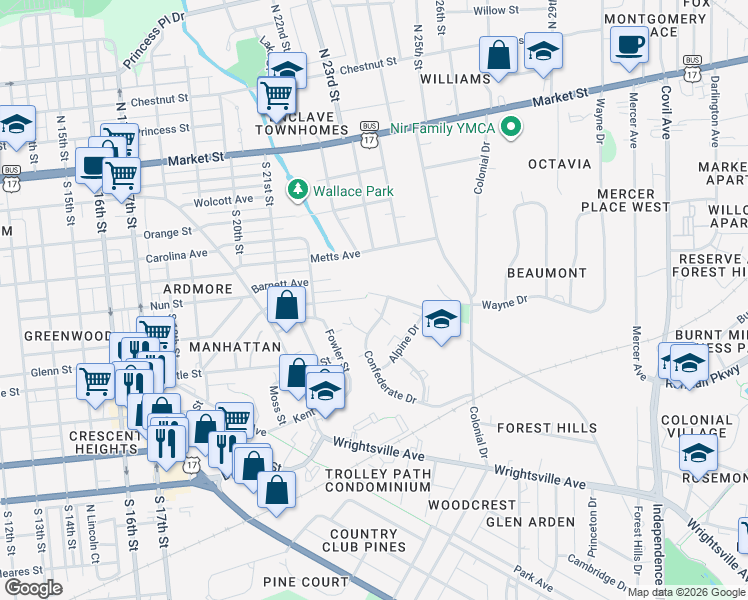 map of restaurants, bars, coffee shops, grocery stores, and more near 2311 Gibson Avenue in Wilmington
