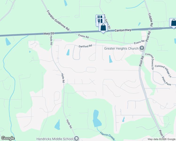 map of restaurants, bars, coffee shops, grocery stores, and more near 4815 Dawson Court in Cumming