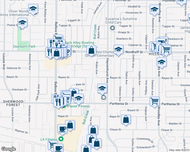 map of restaurants, bars, coffee shops, grocery stores, and more near 8901 Rubio Avenue in Los Angeles