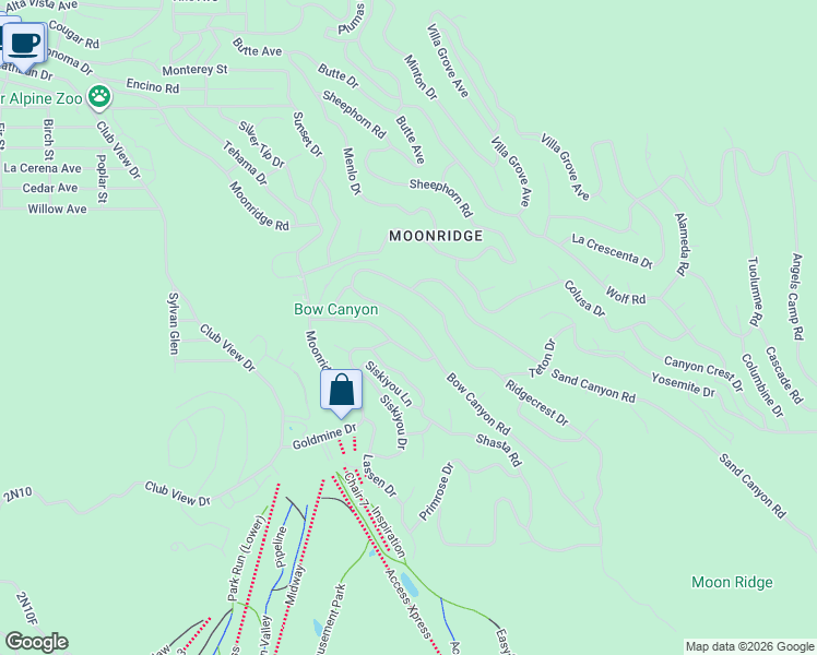 map of restaurants, bars, coffee shops, grocery stores, and more near 43343 Bow Canyon Road in Big Bear Lake