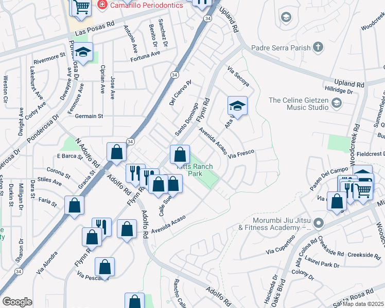 map of restaurants, bars, coffee shops, grocery stores, and more near Calle Brisa in Camarillo