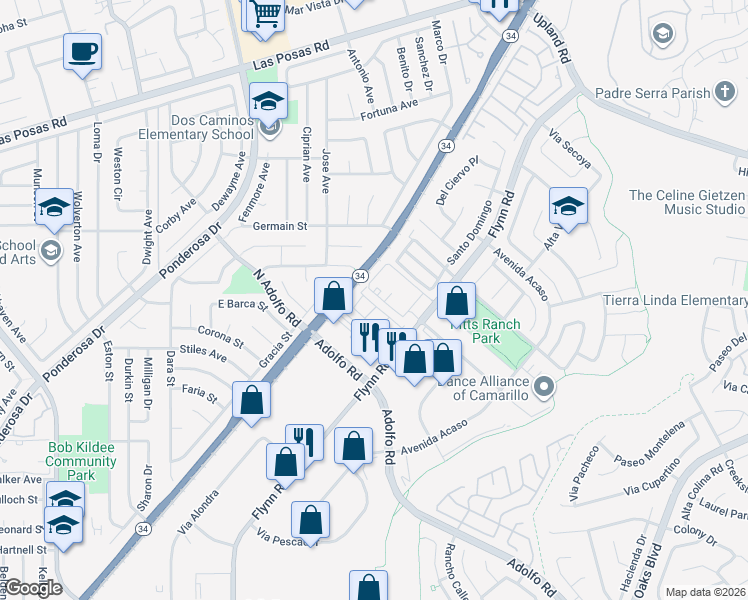 map of restaurants, bars, coffee shops, grocery stores, and more near 1565 Flynn Road in Camarillo