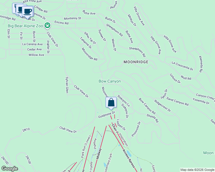 map of restaurants, bars, coffee shops, grocery stores, and more near 43201 Sand Canyon Road in Big Bear Lake