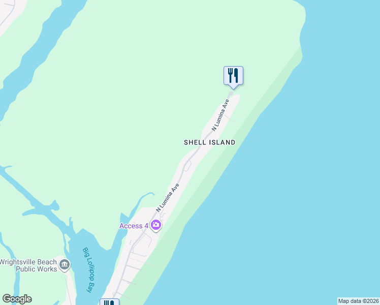 map of restaurants, bars, coffee shops, grocery stores, and more near 2519 North Lumina Avenue in Wrightsville Beach