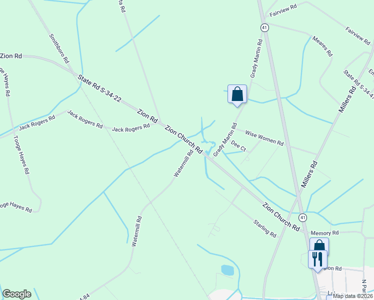 map of restaurants, bars, coffee shops, grocery stores, and more near 4609 Zion Road in Mullins
