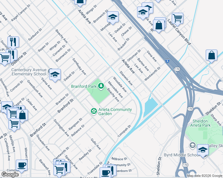 map of restaurants, bars, coffee shops, grocery stores, and more near 8963 Mercedes Avenue in Los Angeles