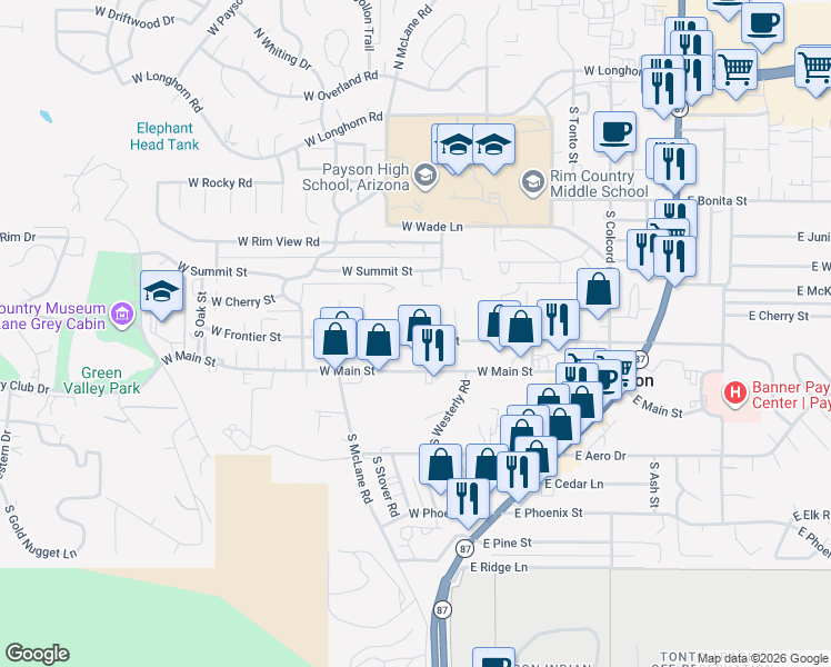 map of restaurants, bars, coffee shops, grocery stores, and more near 508 West Frontier Street in Payson
