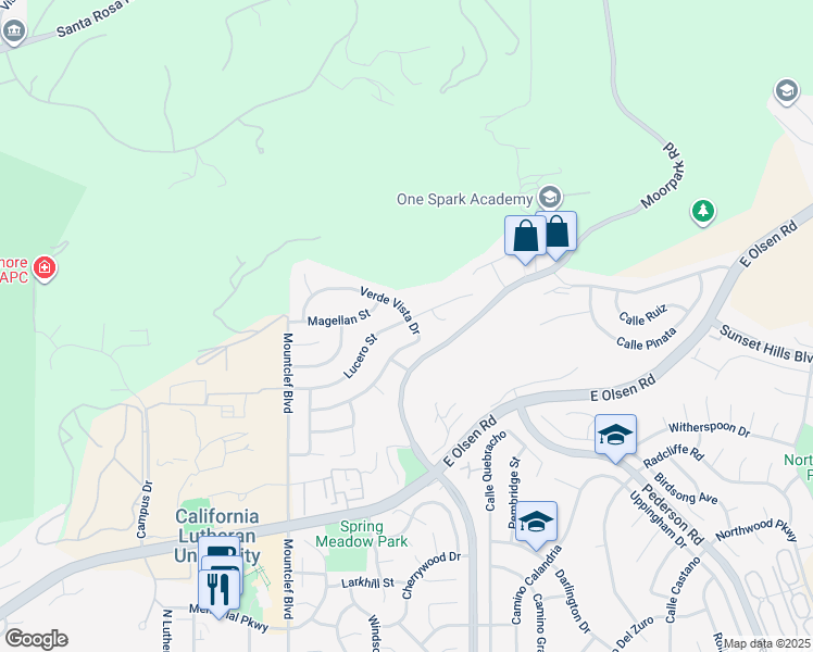 map of restaurants, bars, coffee shops, grocery stores, and more near 282 Lucero Street in Thousand Oaks