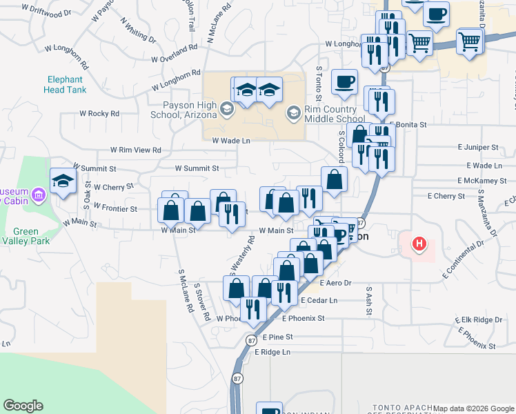 map of restaurants, bars, coffee shops, grocery stores, and more near 414 West Frontier Street in Payson