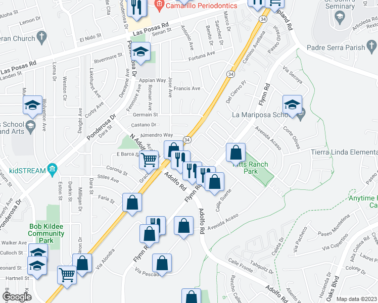 map of restaurants, bars, coffee shops, grocery stores, and more near 1492 Via Bonito in Camarillo