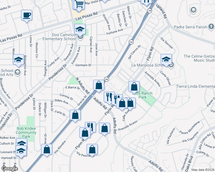 map of restaurants, bars, coffee shops, grocery stores, and more near 1492 Via Bonito in Camarillo