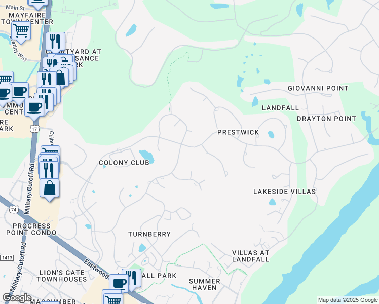 map of restaurants, bars, coffee shops, grocery stores, and more near 1609 Pembroke Jones Drive in Wilmington