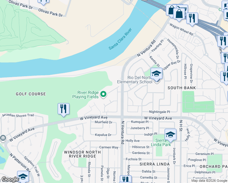 map of restaurants, bars, coffee shops, grocery stores, and more near 1604 Thorpe Trail in Oxnard