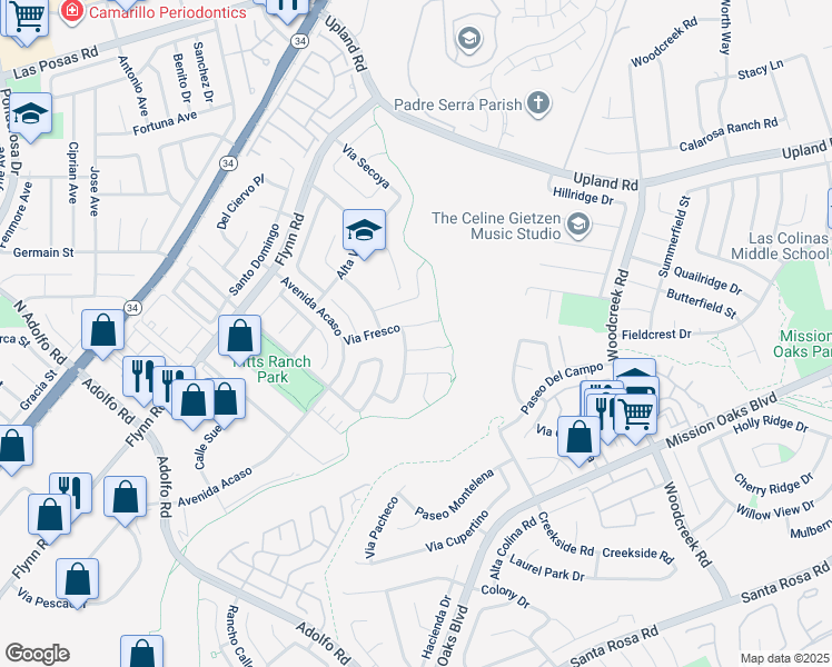 map of restaurants, bars, coffee shops, grocery stores, and more near 5040 Via Fresco in Camarillo