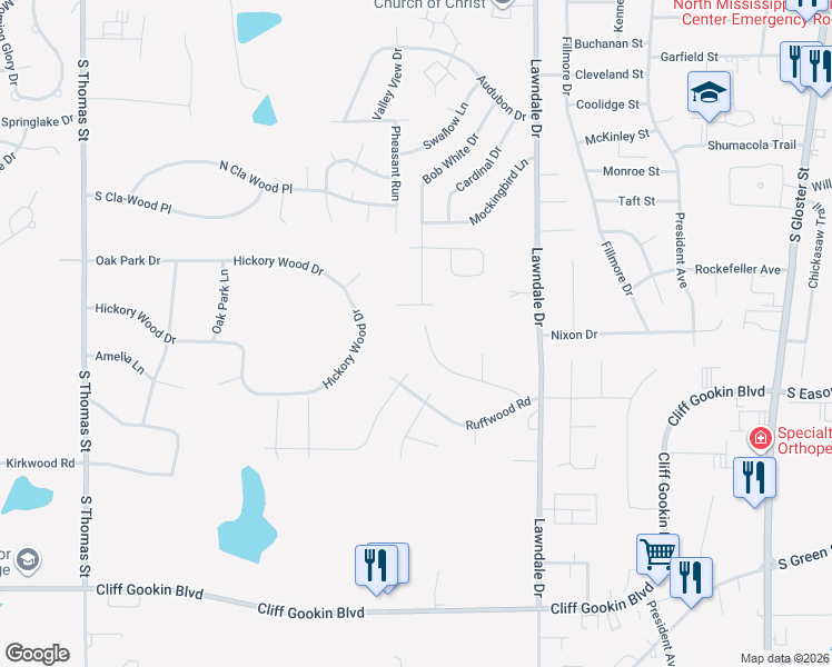 map of restaurants, bars, coffee shops, grocery stores, and more near 1705 Ruff Circle in Tupelo