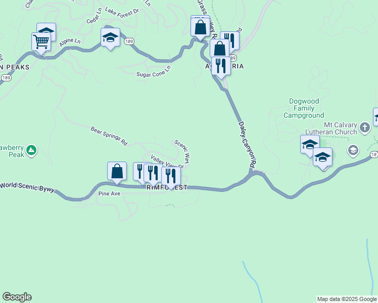 map of restaurants, bars, coffee shops, grocery stores, and more near 1177 Scenic Way in Rimforest