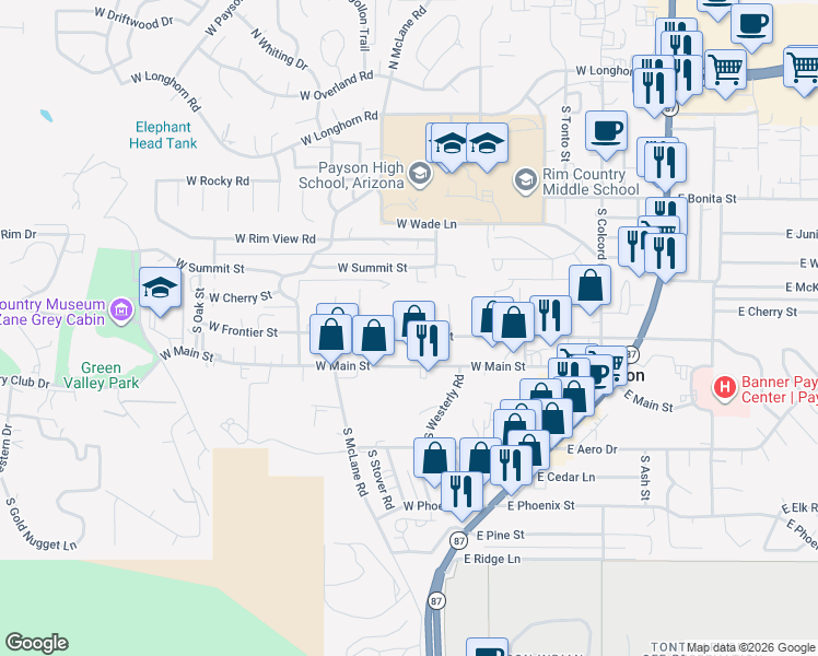 map of restaurants, bars, coffee shops, grocery stores, and more near 508 West Frontier Street in Payson