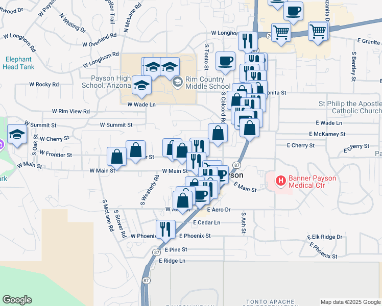 map of restaurants, bars, coffee shops, grocery stores, and more near 300 West Frontier Street in Payson