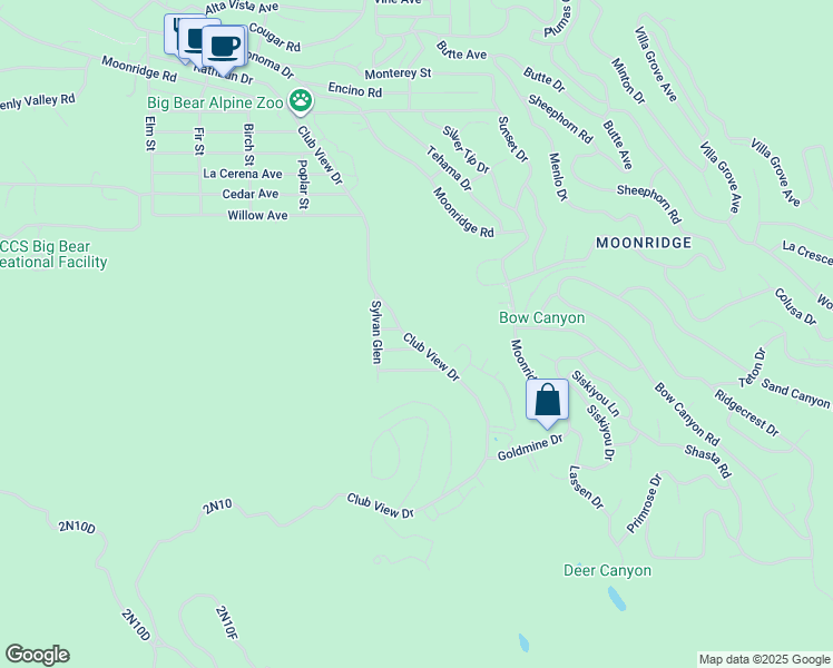 map of restaurants, bars, coffee shops, grocery stores, and more near 1045 Club View Drive in Big Bear Lake