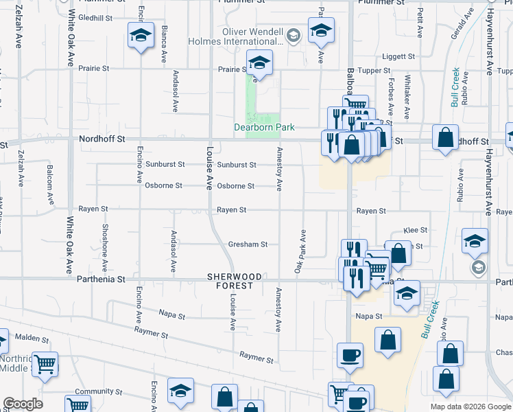 map of restaurants, bars, coffee shops, grocery stores, and more near 17210 Osborne Street in Los Angeles