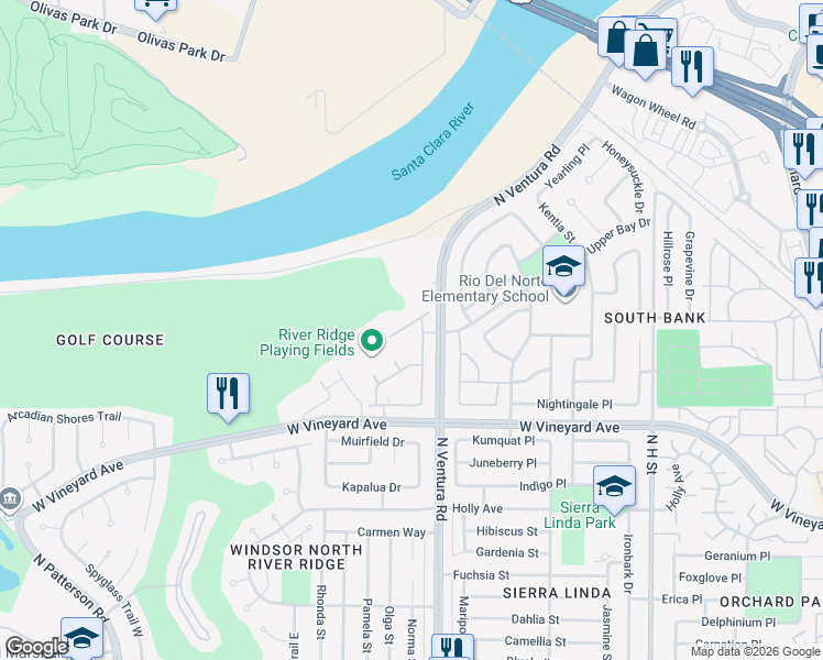 map of restaurants, bars, coffee shops, grocery stores, and more near 1604 Thorpe Trail in Oxnard