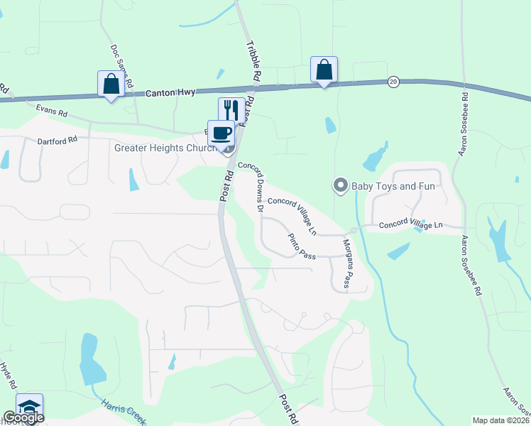 map of restaurants, bars, coffee shops, grocery stores, and more near 5340 Pinto Pass in Cumming