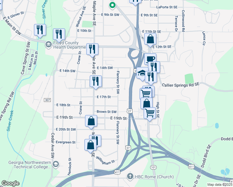 map of restaurants, bars, coffee shops, grocery stores, and more near 1511 Flannery Street Southwest in Rome