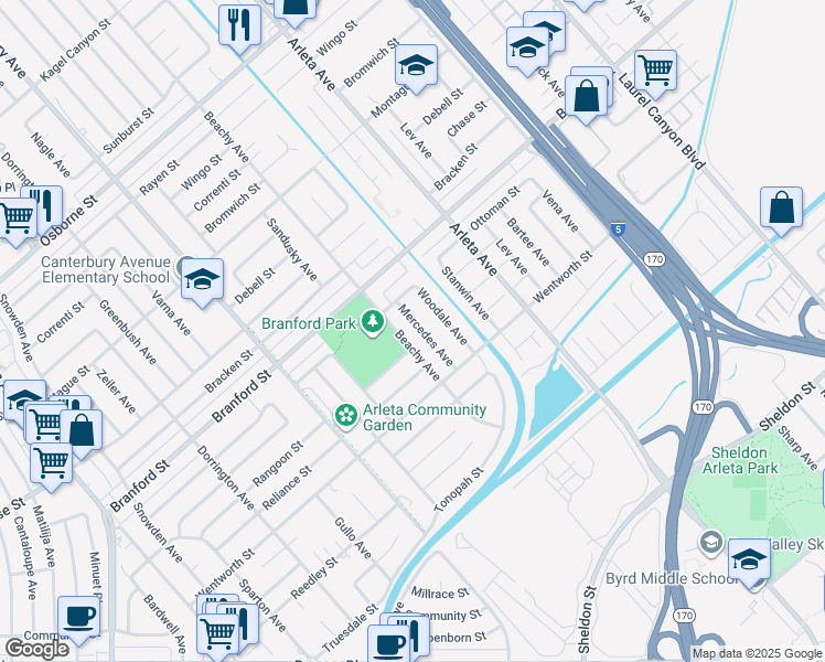 map of restaurants, bars, coffee shops, grocery stores, and more near 8963 Mercedes Avenue in Los Angeles