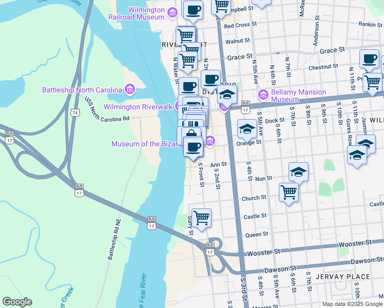 map of restaurants, bars, coffee shops, grocery stores, and more near 215 South Water Street in Wilmington