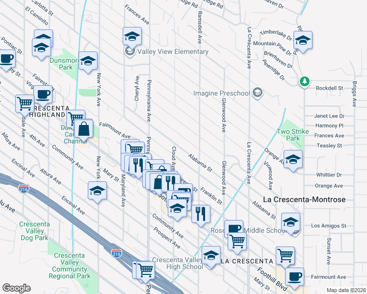map of restaurants, bars, coffee shops, grocery stores, and more near 3041 Alabama Street in La Crescenta-Montrose