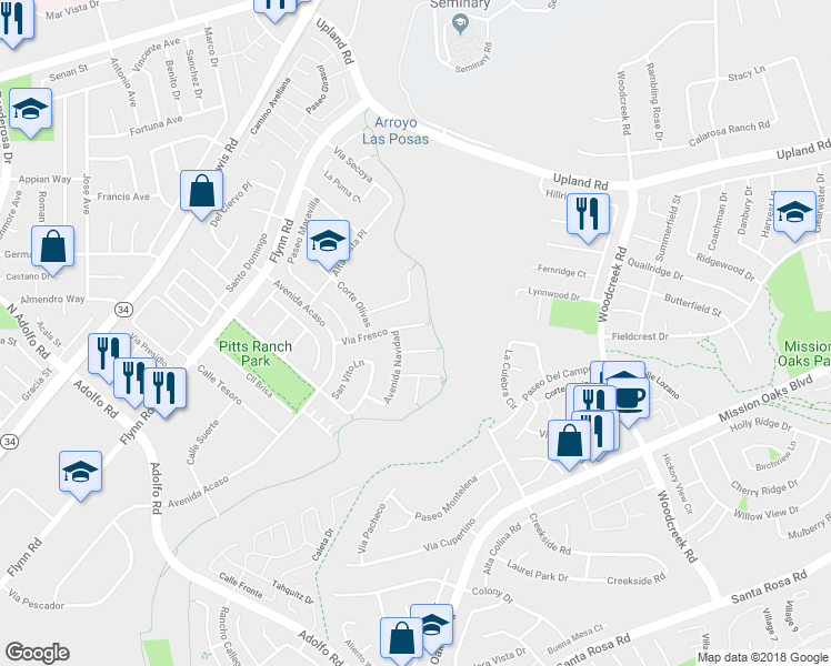 map of restaurants, bars, coffee shops, grocery stores, and more near 5062 Via Fresco in Camarillo