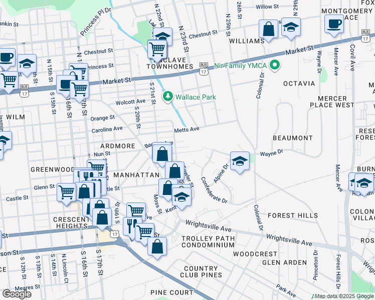 map of restaurants, bars, coffee shops, grocery stores, and more near 2215 Gibson Avenue in Wilmington