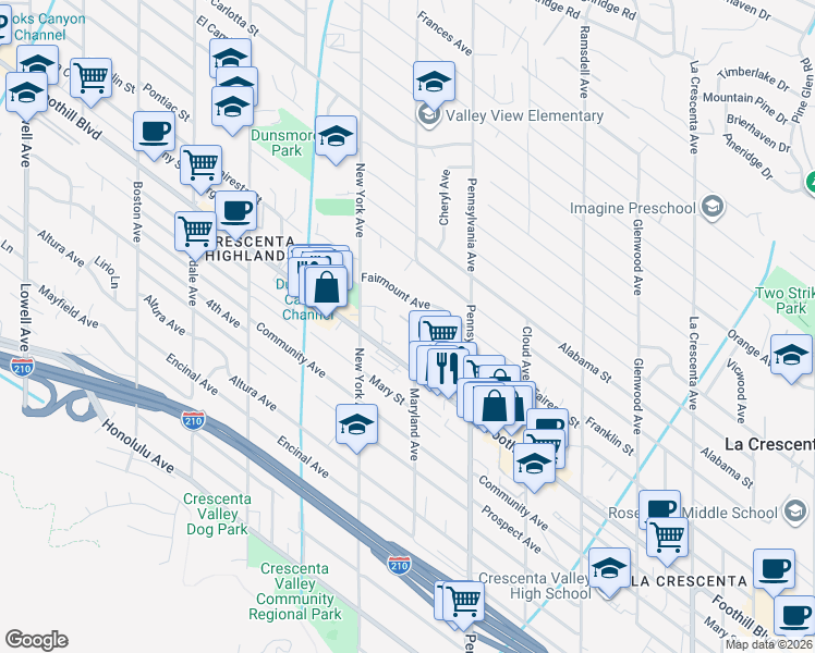 map of restaurants, bars, coffee shops, grocery stores, and more near 3300 Fairmount Avenue in Glendale