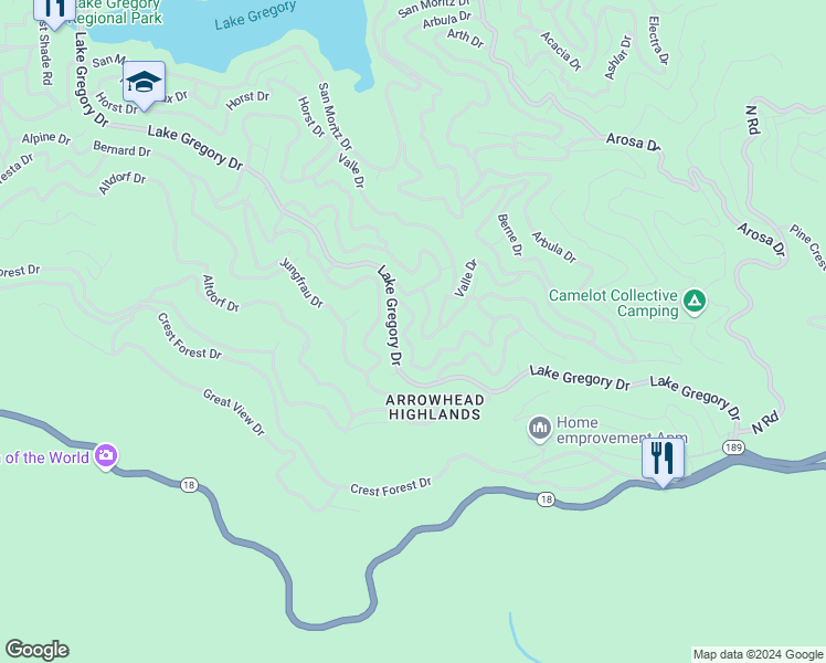map of restaurants, bars, coffee shops, grocery stores, and more near 24746 Finhaut Drive in Crestline