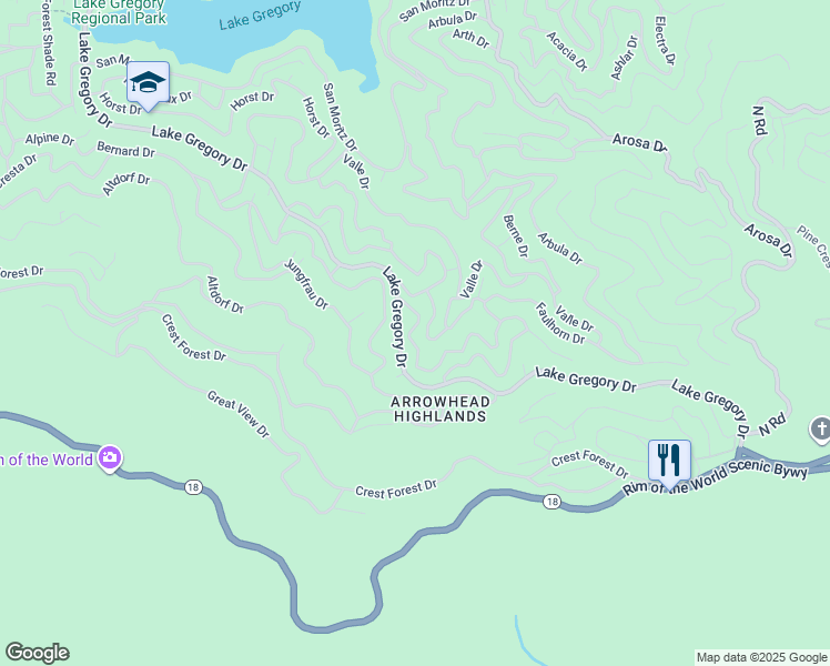 map of restaurants, bars, coffee shops, grocery stores, and more near 24746 Finhaut Drive in Crestline