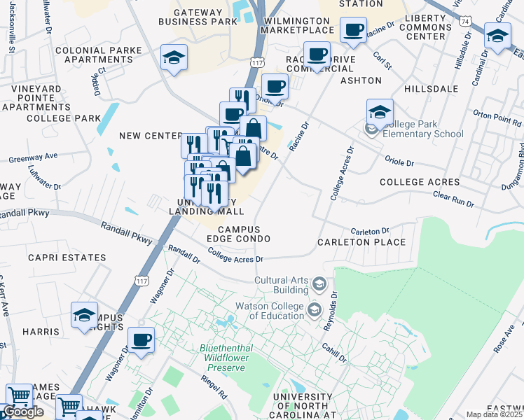 map of restaurants, bars, coffee shops, grocery stores, and more near 454 Racine Drive in Wilmington