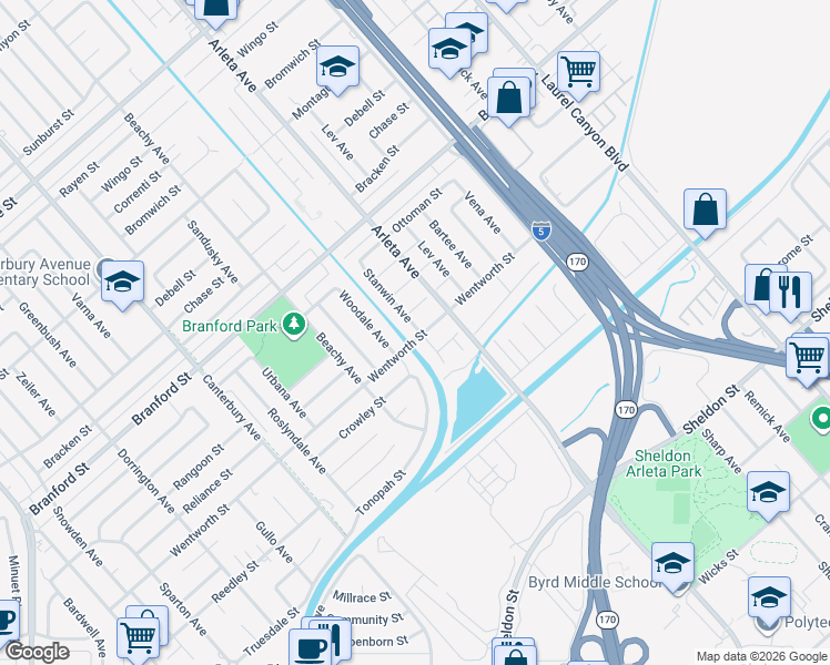 map of restaurants, bars, coffee shops, grocery stores, and more near 13053 Wentworth Street in Los Angeles