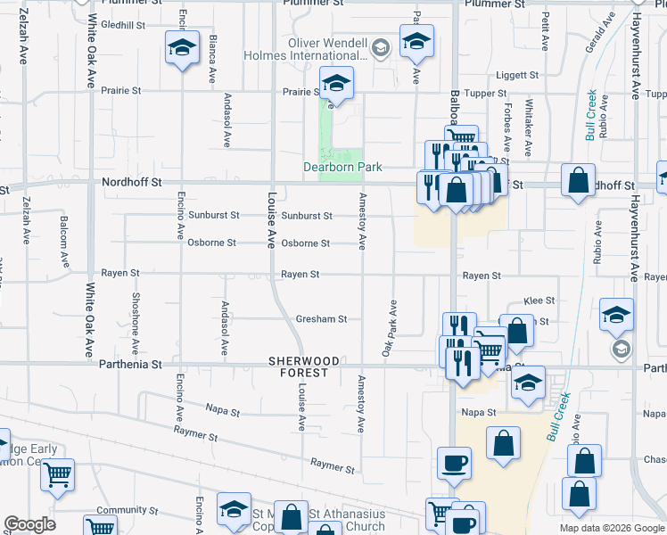 map of restaurants, bars, coffee shops, grocery stores, and more near 17175 Rayen Street in Los Angeles