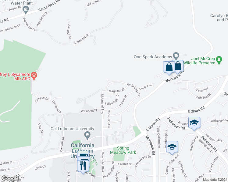 map of restaurants, bars, coffee shops, grocery stores, and more near Magellan Street in Thousand Oaks