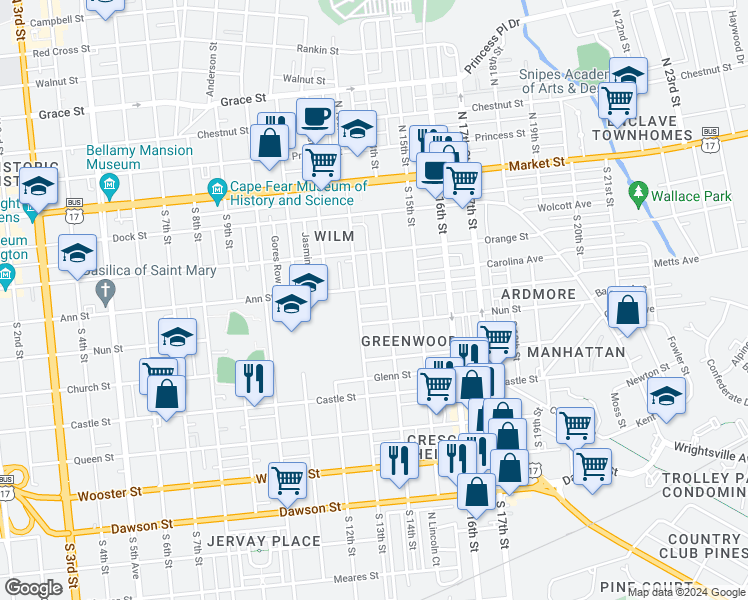 map of restaurants, bars, coffee shops, grocery stores, and more near 1309 Marsdon Avenue in Wilmington