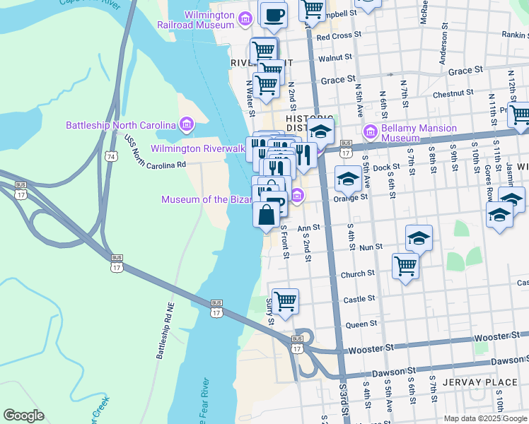 map of restaurants, bars, coffee shops, grocery stores, and more near 212 South Water Street in Wilmington